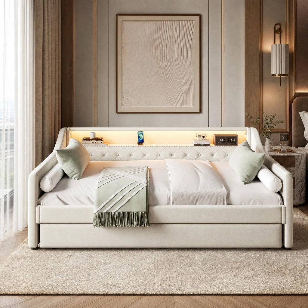 Letto singolo estraibile 90x200 cm con LED e USB beige