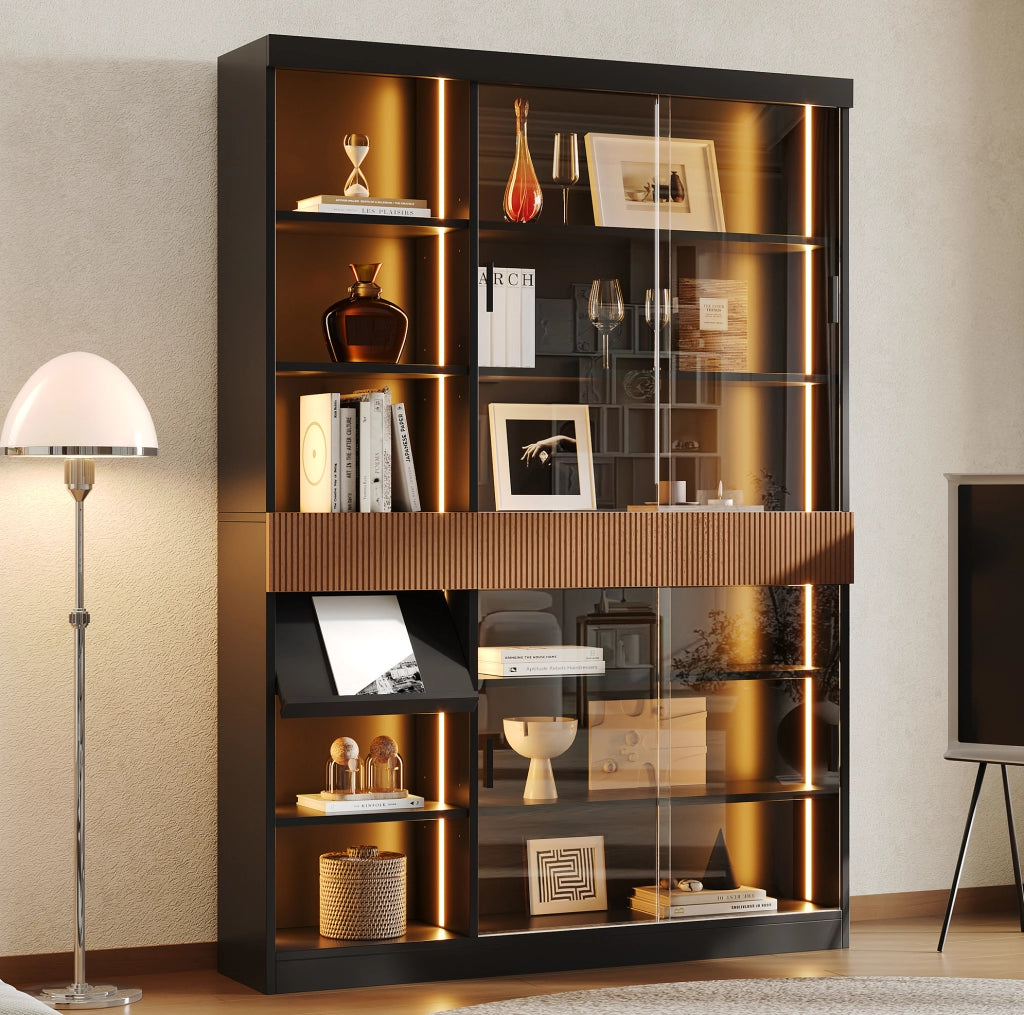 Vetrina moderna 120 x 28;5 x 180 cm in MDF e vetro grigio con LED; 3 cassetti; nero marrone