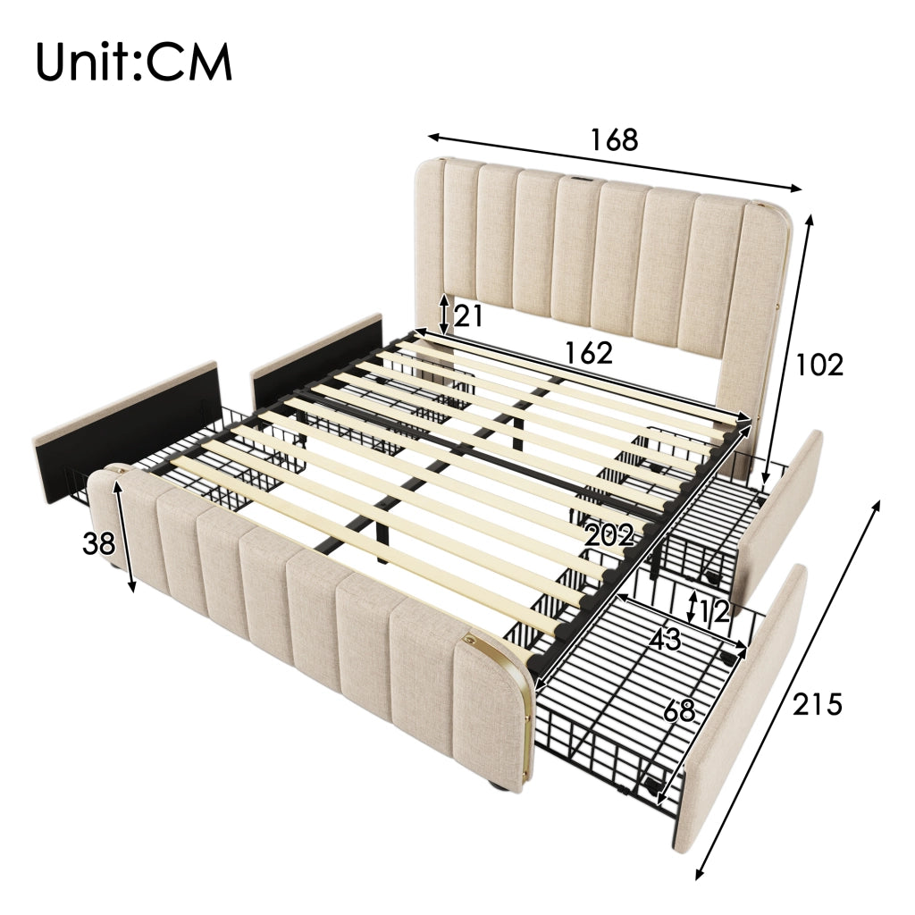 Letto Contenitore Singolo con USB; USB-C e Testiera Imbottita 90×200 cm; senza Materasso; Beige