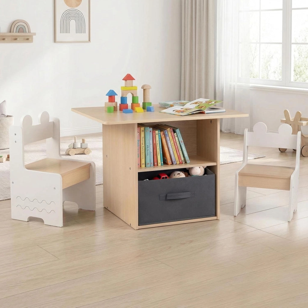 Set di Tavolo e 2 Sedie per Bambini 3+ Anni, Tavolo e 2 Sedie in Legno con Scomparti Doppio Lato e Cassetto Pieghevole in Tessuto, Ideale per Leggere, Giocare per Cameretta Bambini (Bianco)
