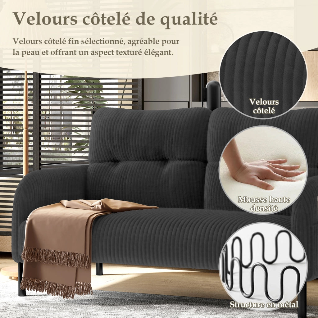 Divano 2 Posti con Schienale Ergonomico e Tasca Laterale; in Velluto a Coste; Grigio; 120 × 75 × 79 cm