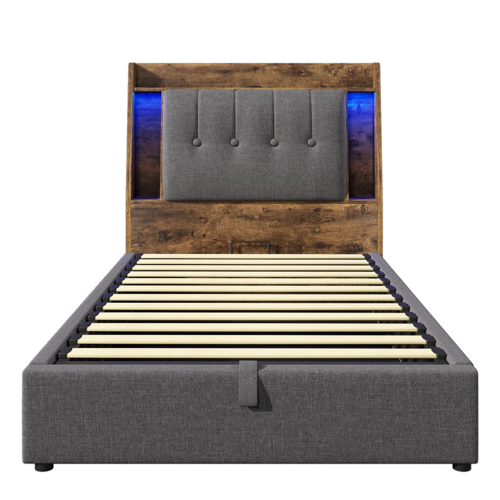 Letto singolo 90×200 cm con contenitore; LED; USB e Type-C; testiera con ripiani; senza materasso; lino; grigio