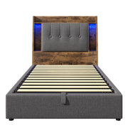 Letto singolo 90×200 cm con contenitore; LED; USB e Type-C; testiera con ripiani; senza materasso; lino; grigio