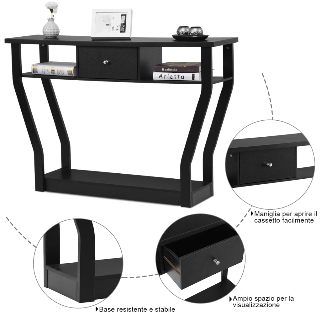 Tavolo con cassetto e 3 ripiani da studio e ufficio, Consolle per ingresso e salone multiuso 120x30x81cm Nero