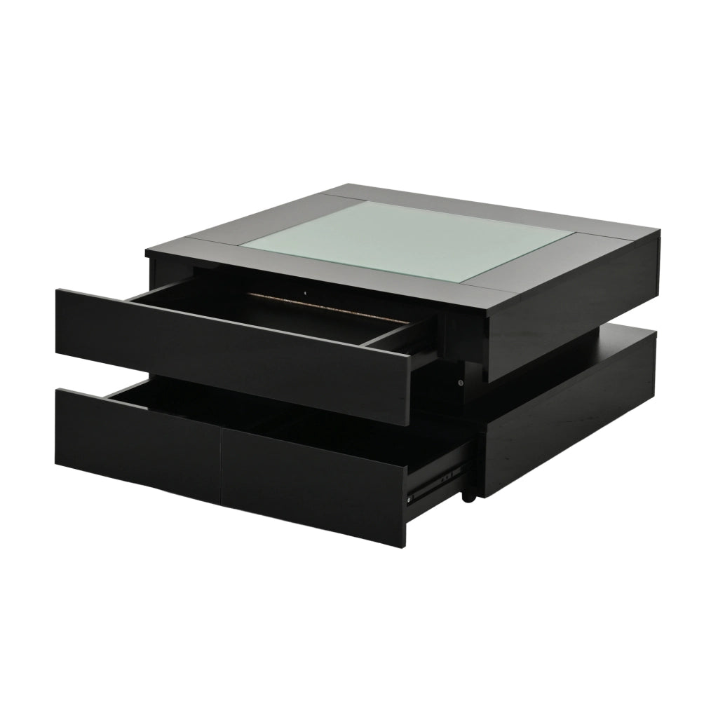 Tavolino da caffè 70x70x35 cm con LED e 3 cassetti; vetro temperato; nero