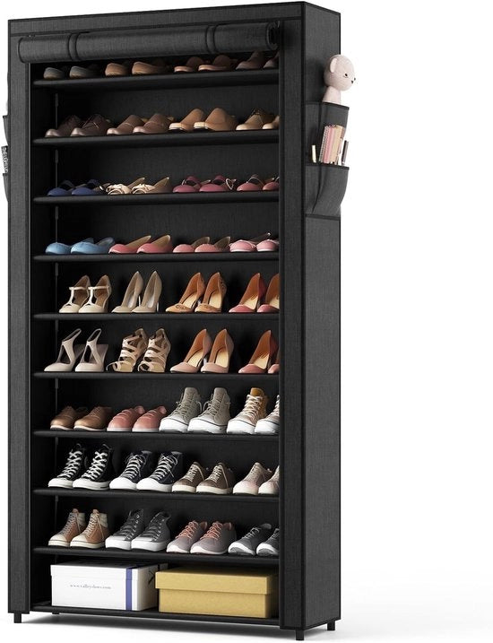 Rack per scarpe 10 livelli - Nero - Cassetta per scarpe in metallo - Per 50 pair di scarpe - Coperture rimovibili - Altezza regolabile - Cassetta per scarpe