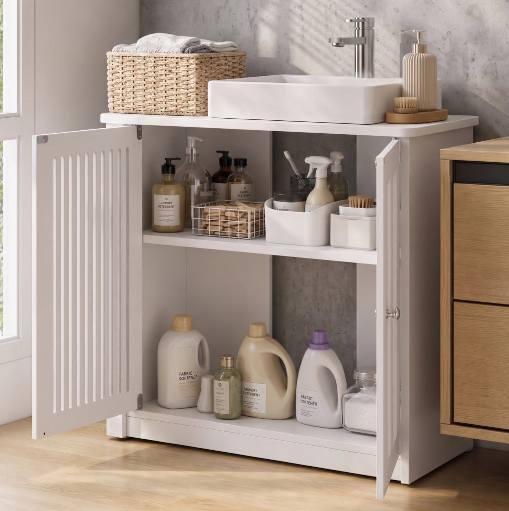 Mobiletto sottolavabo 60x30x60 cm MDF e truciolato bianco， doppia porta a lamelle