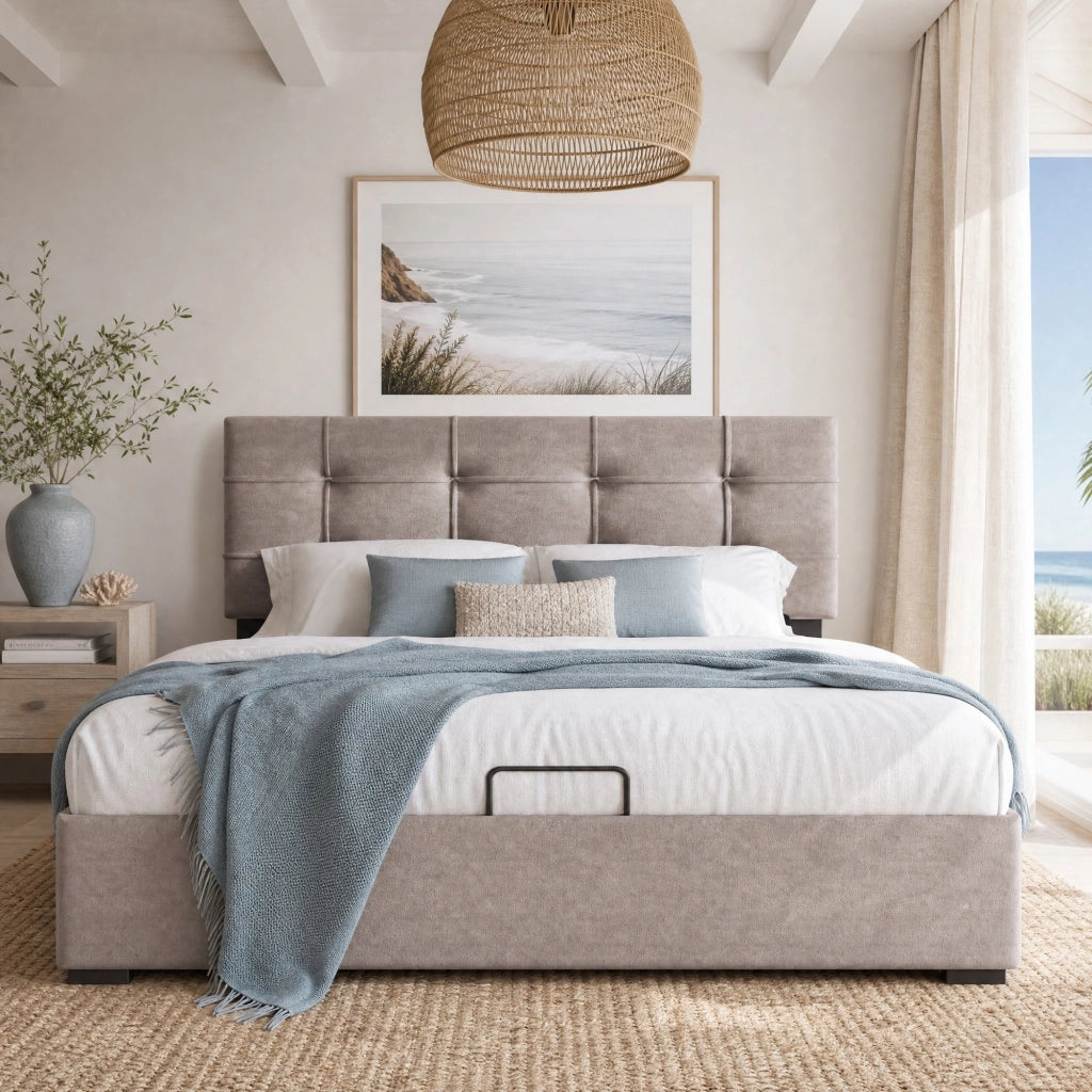 Letto matrimoniale imbottito 140x200 cm in velluto grigio chiaro con contenitore e testiera regolabile