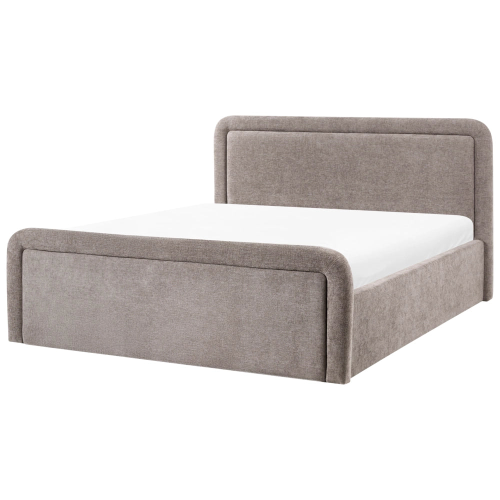 Letto contenitore rivestito in tessuto grigio marrone 160 x 200 cm testiera asimmetrica a gradini in stile scandinavo