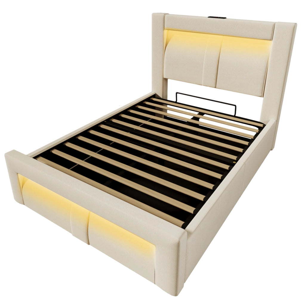 Letto contenitore 90x200 cm con LED; porte USB e USB C; velluto beige; senza materasso