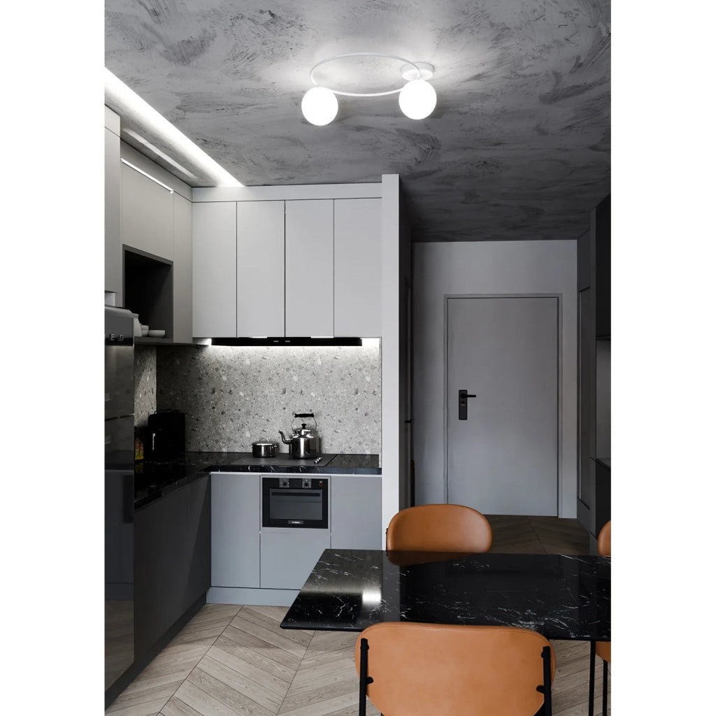 Plafoniera Minimal 2 Luci Perseo In Acciaio Bianco E Sfere In Vetro Bianco