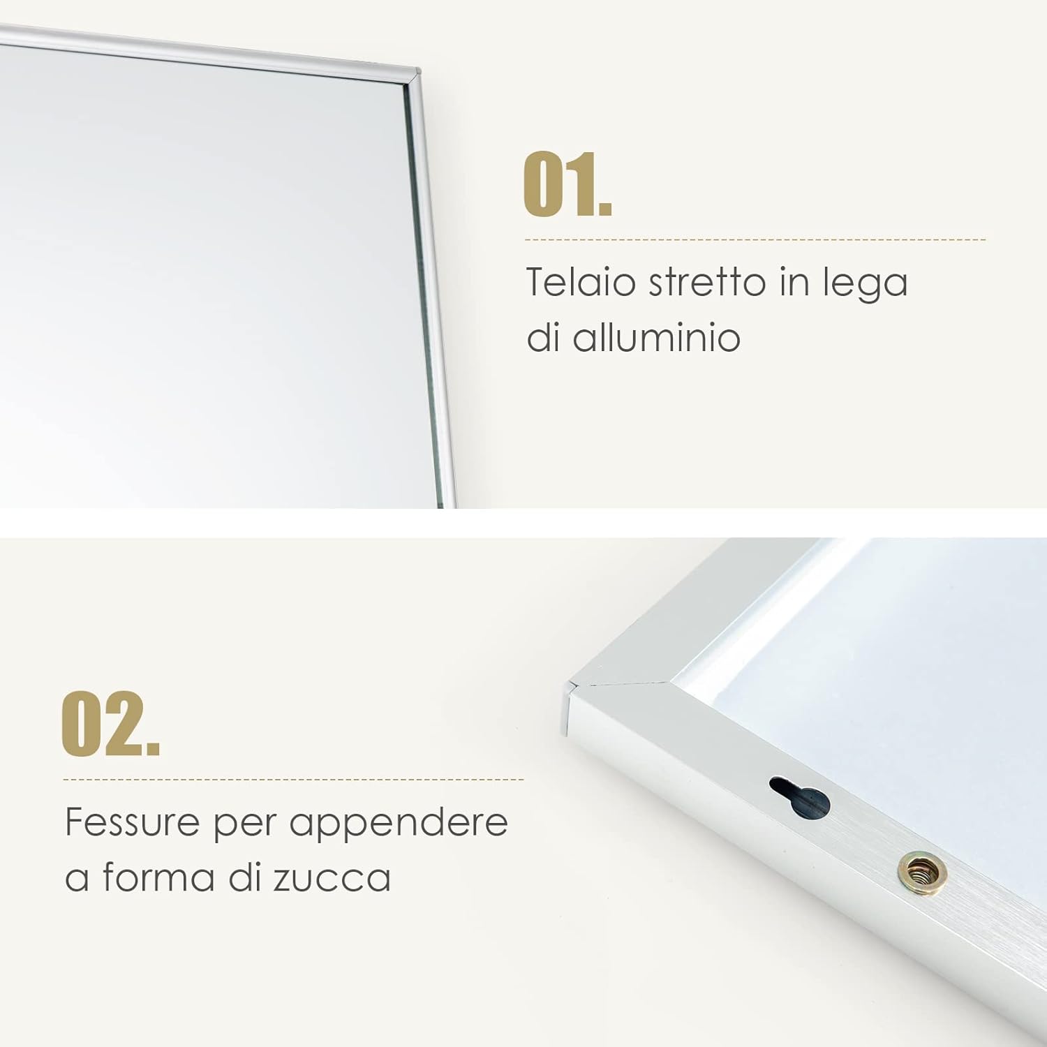 Specchio da Parete Lungo, Specchio da Terra Appendere con Cornice in Lega di Alluminio e Ganci, Per Camera da Letto e Soggiorno, 120 x 37 cm (Argento)