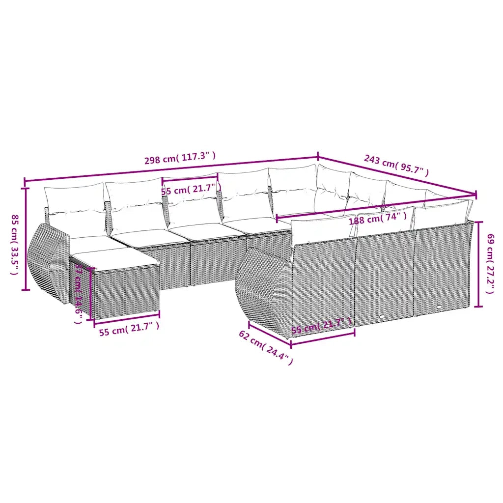 Set Divani da Giardino 11 pz con Cuscini Grigio in Polyrattan 3225193