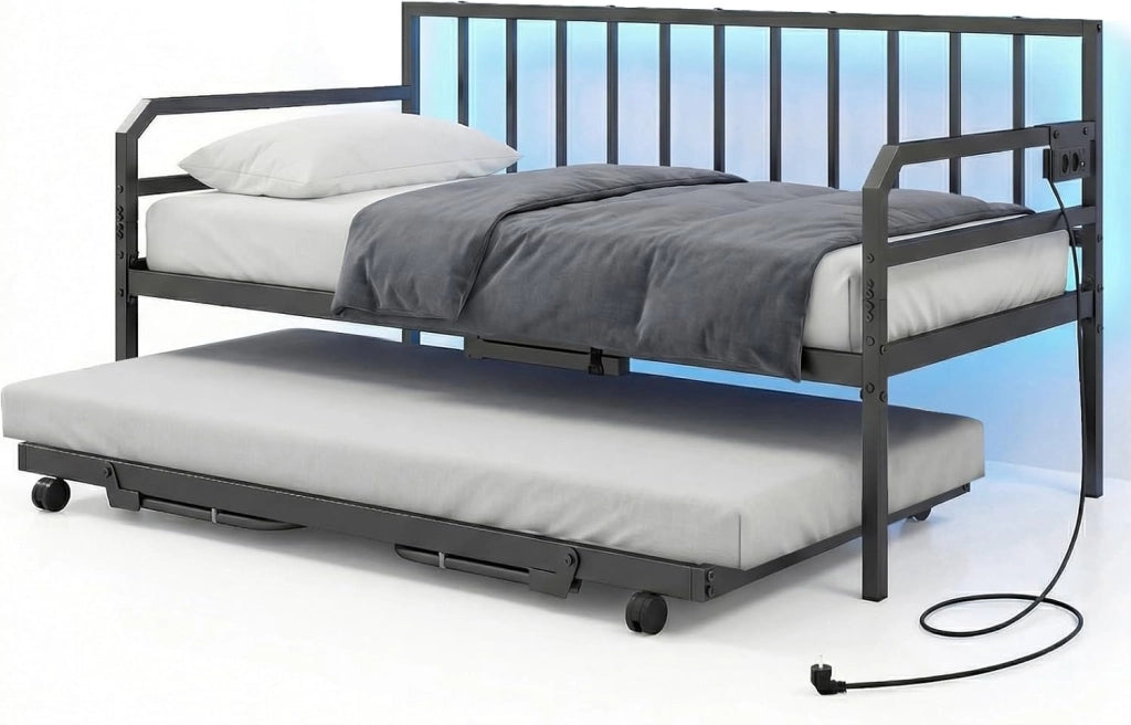 Letto Estraibile, Divano Letto Singolo con Luci LED e Stazione di Ricarica, Lettino Matrimoniale con Struttura in Metallo, 2 Pz 90x200 cm, per Soggiorno e Camera da Letto (Nero)