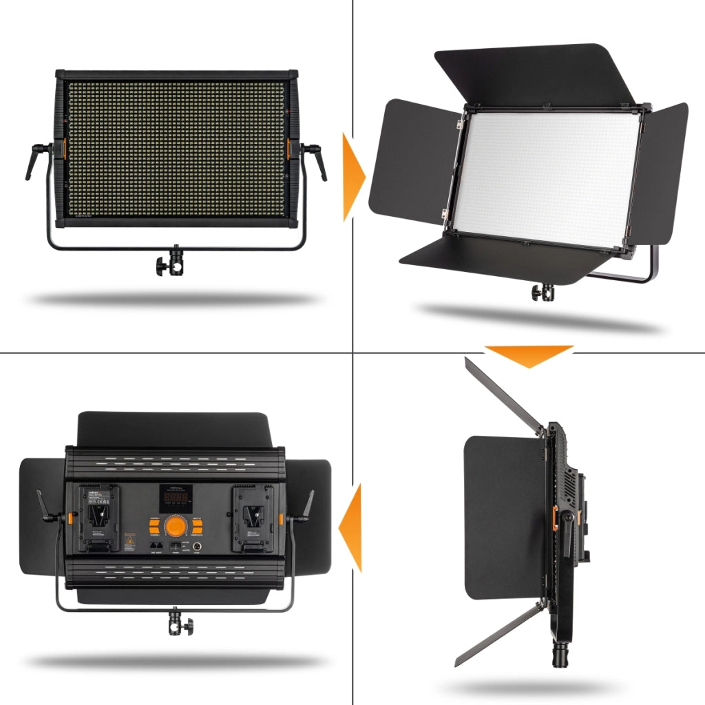 2x LED Niova 150-F Pro luce d'area incl. 2x treppiede per lampada, luce d'area da 150 W con bicolore, luminosità della luce da studio dimmerabile, luce video con radiocomando