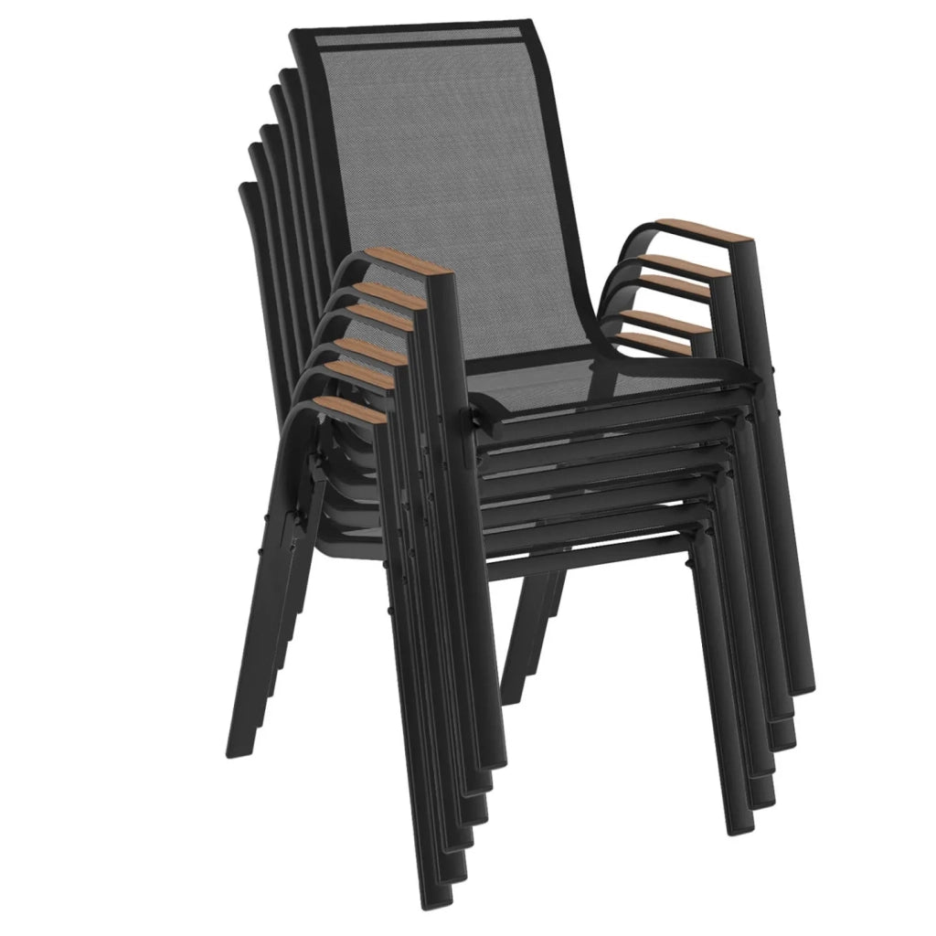 IDMarket - Set di 6 sedie da giardino impilabili NOUMEA in metallo e textilene, nero e legno