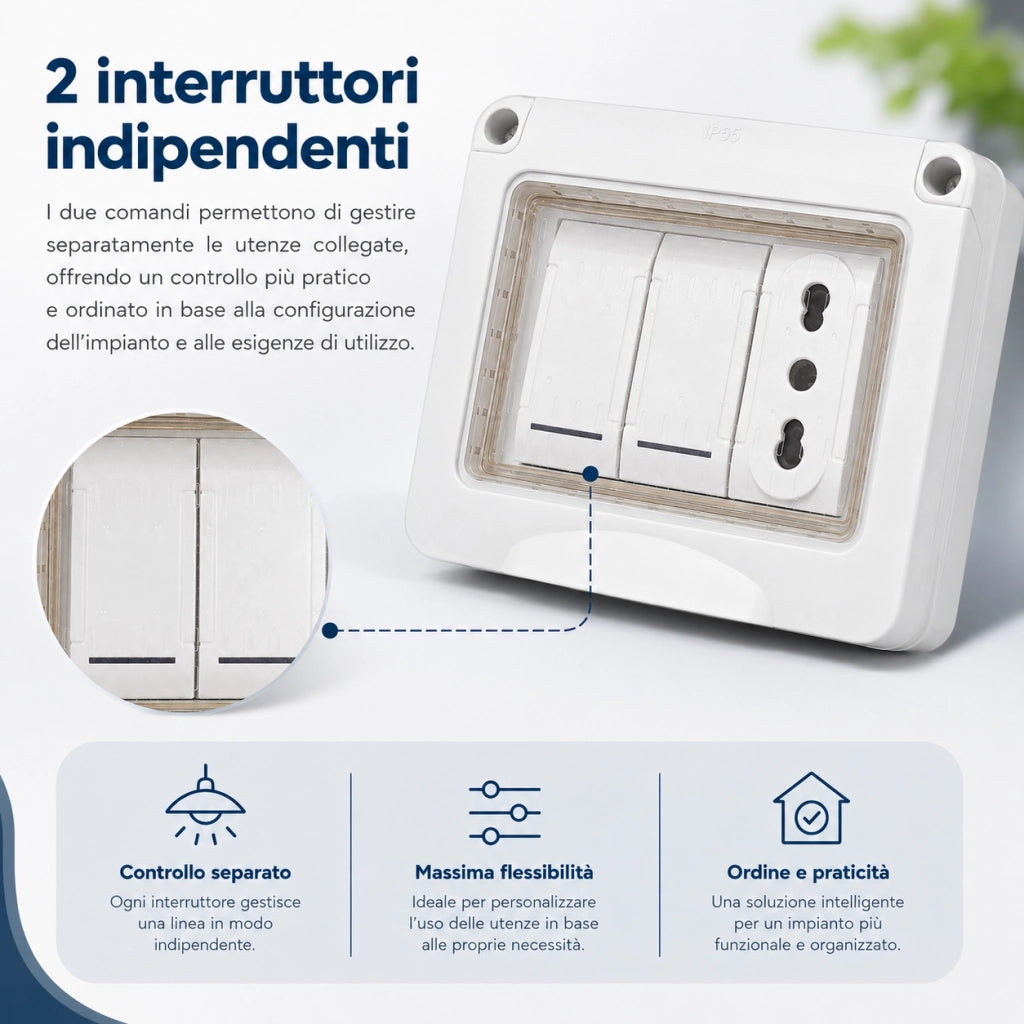 Cassetta Elettrica Esterno IP55 con Presa Italiana e 2 Interruttori