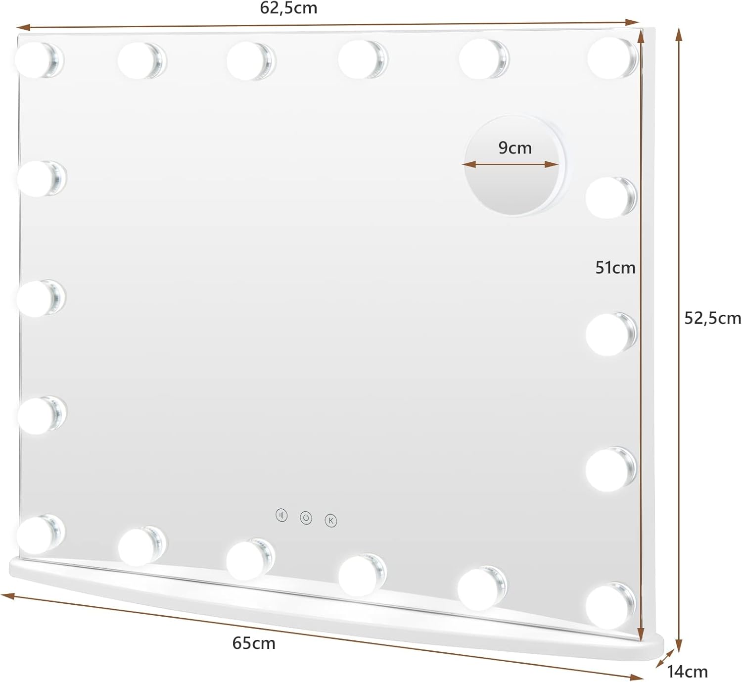 Specchio Trucco con 18 Luci, Specchio Rettangolare per Bagno con Interruttore a Sfioramento, Luce LED a 3 Colori, Luminosità Regolabile, 65 x 52,5 cm