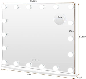 Specchio Trucco con 18 Luci, Specchio Rettangolare per Bagno con Interruttore a Sfioramento, Luce LED a 3 Colori, Luminosità Regolabile, 65 x 52,5 cm