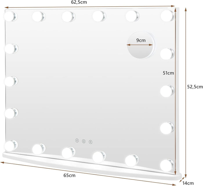 Specchio Trucco con 18 Luci, Specchio Rettangolare per Bagno con Interruttore a Sfioramento, Luce LED a 3 Colori, Luminosità Regolabile, 65 x 52,5 cm