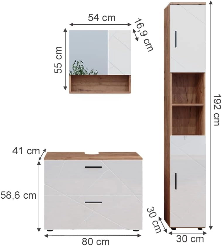 Set di mobili da bagno Irma, Bianco lucido/oro power oak, 80 cm, composto da mobile sottolavabo, specchiera e colonna alta