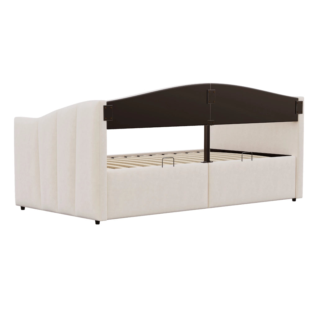 DESMIU Divano letto 90 × 200 cm 1 posto con contenitore idraulico e braccioli senza materasso in velluto beige