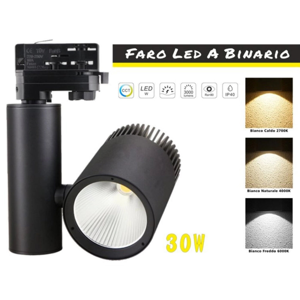 Faro Lampada Led A Binario 30W Trifase CCT CRI 90 Carcassa Nera 2700K 4000K 6000K 3 In 1 Luce Stretta 24 Gradi