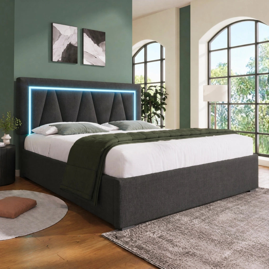 Letto matrimoniale 140x200 cm con LED; USB e Type-C; contenitore; in lino grigio