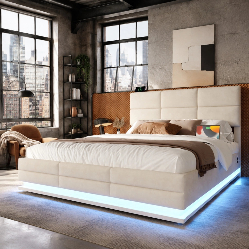 LETTO moderno 160x200 cm in velluto beige con LED, USB e contenitore