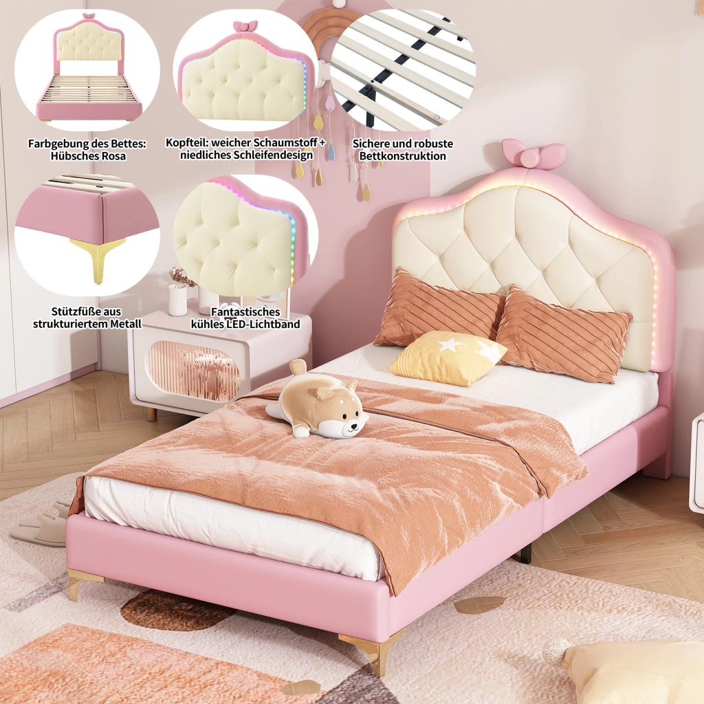 DESMIU Letto singolo 1 posto con LED multicolore e testiera ondulata, 90 × 200 cm, senza materasso, PU rosa e bianco