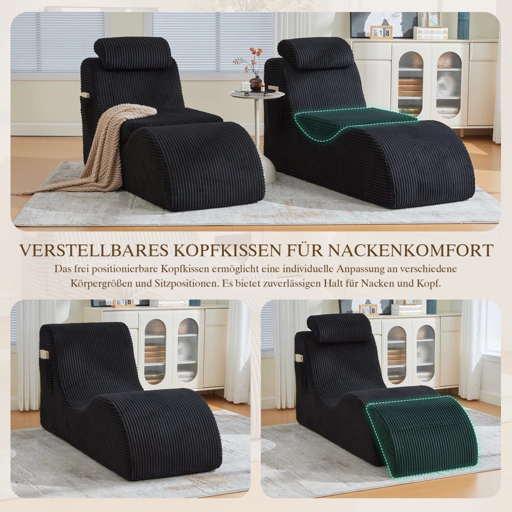 Fauteuil con design singolo ergonomico con poggiatesta e tasca laterale in velluto a coste nero