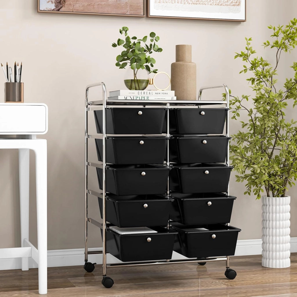 Carrello a 10 Cassetti con Ruote, di Stoccaggio con Stabilità Elevata, Multiuso per Casa Ufficio e Scuola, 65,5 x 37 x 87 cm (Nero)