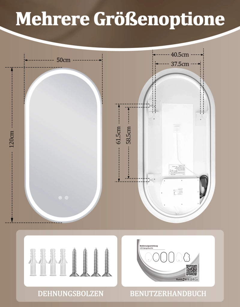ZMH Specchio da bagno ovale con luce LED 60x120 cm parete touch antiappannamento IP44 dimmerabile 3000K-6500K