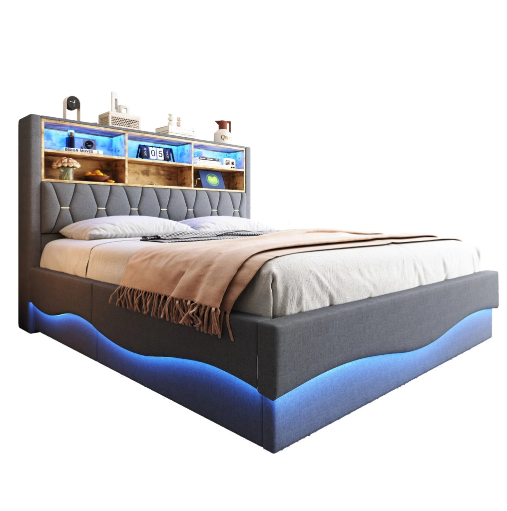 Letto contenitore 180x200 cm grigio in ferro, LED e USB, rete metallica