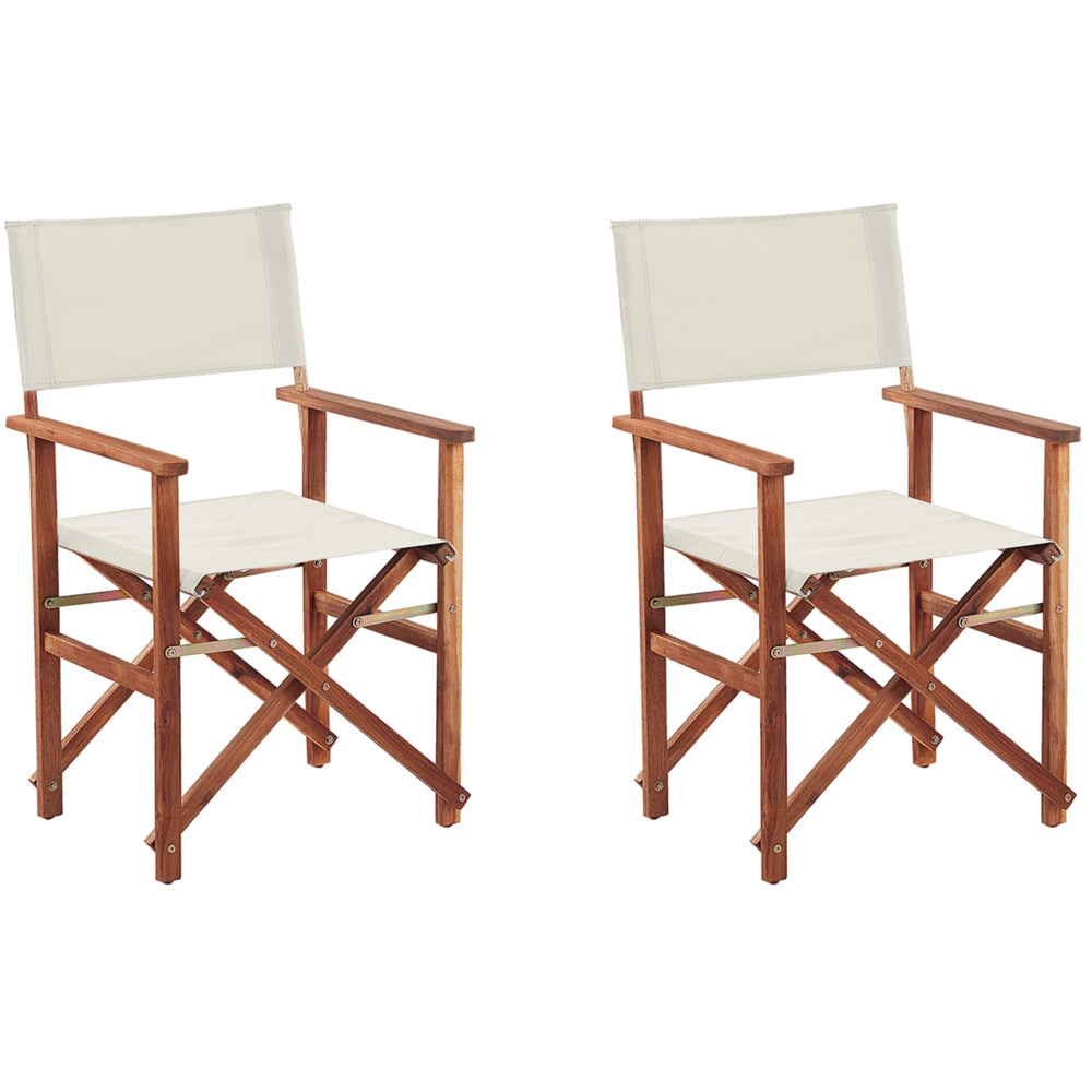 Set di 2 Sedie da Regista in Legno Scuro di Acacia e Bianco Sporco Pieghevoli