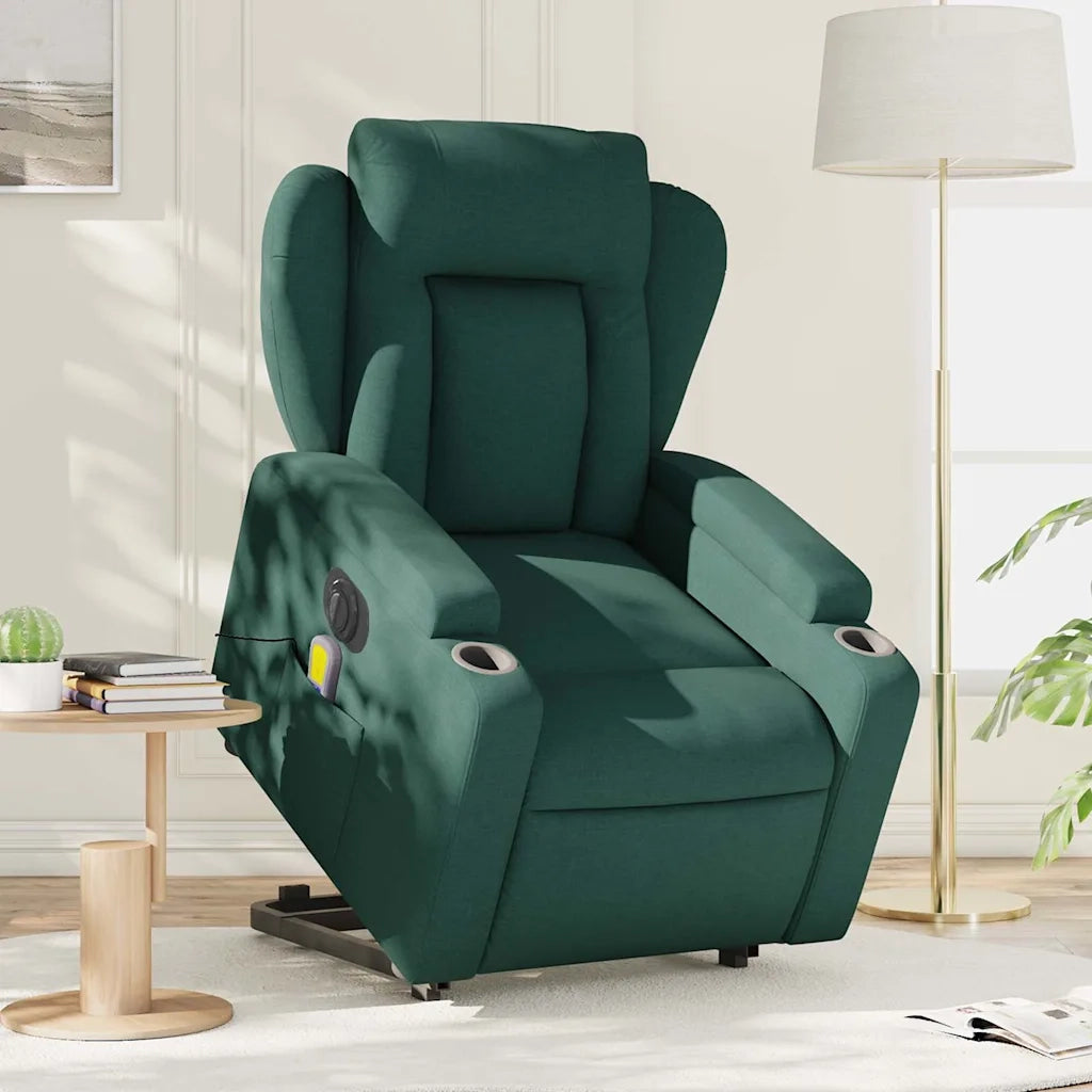 vidaXL Poltrona Alzapersona Massaggiante Elettrica Verde Scuro Tessuto