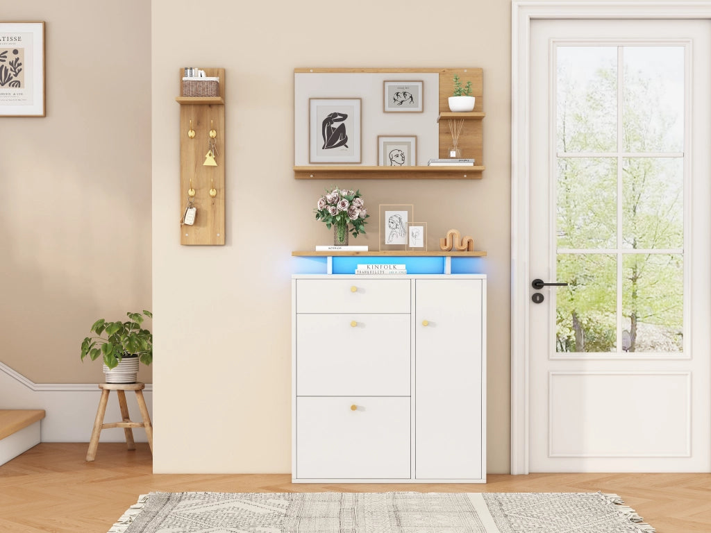 Mobili da ingresso con specchio, scarpiera a 3 vani e appendiabiti a 4 ganci, per corridoio, bianco, 105 × 25 × 151.5 cm