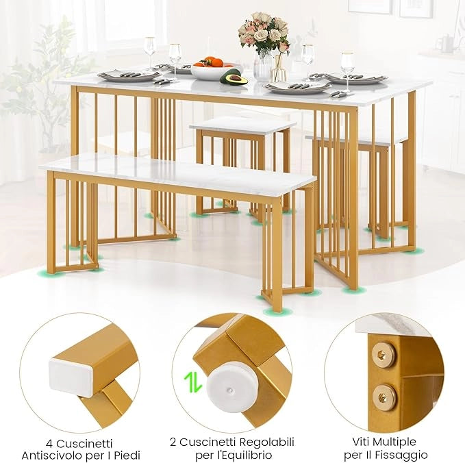 Set Tavolo da Pranzo a 4 Posti, Tavolo da Pranzo Rettangolare con Panca e 2 Sgabelli, con Gambe in Metallo Alate, per Cucina, Soggiorno, Sala da Pranzo, 150 x 80 x 75 cm