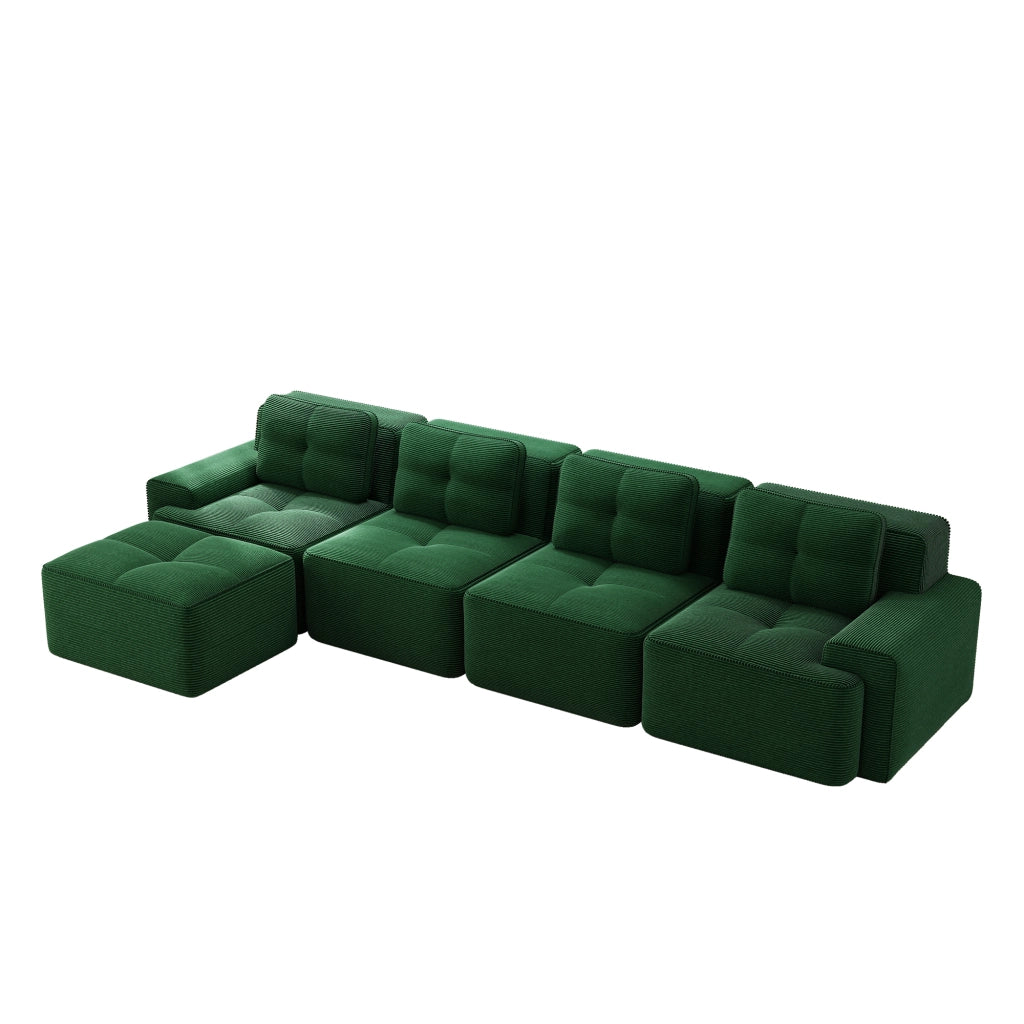 Divano modulare 4 posti in velluto a coste; seduta profonda; ampi braccioli; verde; 74 cm