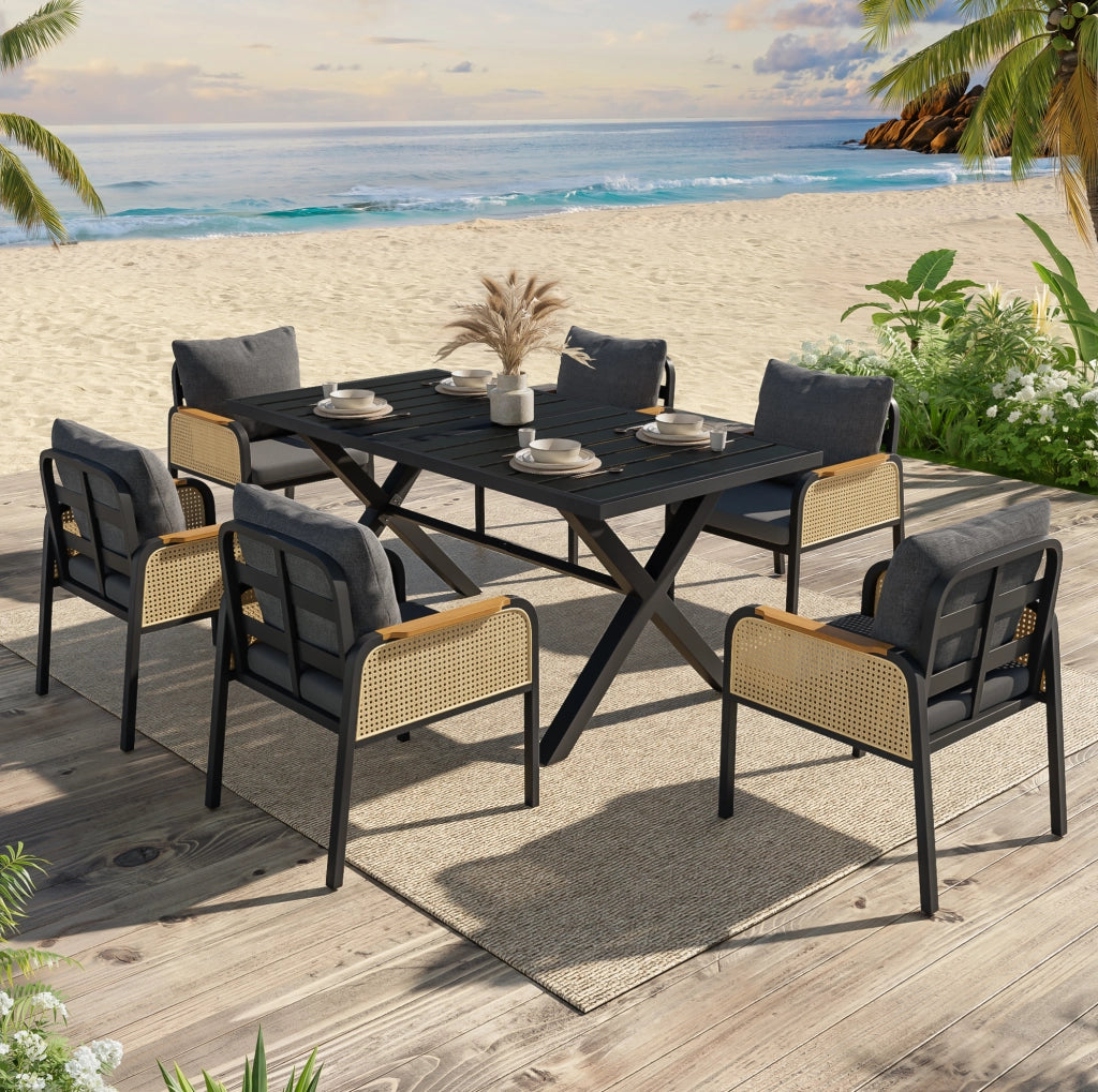 Set da pranzo da giardino per 6 persone con tavolo 148x80x75 cm e sedie in nero e naturale