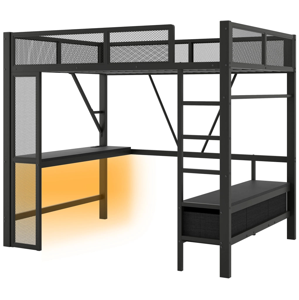 Letto a soppalco ULEVR 140x200 cm con scrivania, 3 cassetti, LED e scala, nero