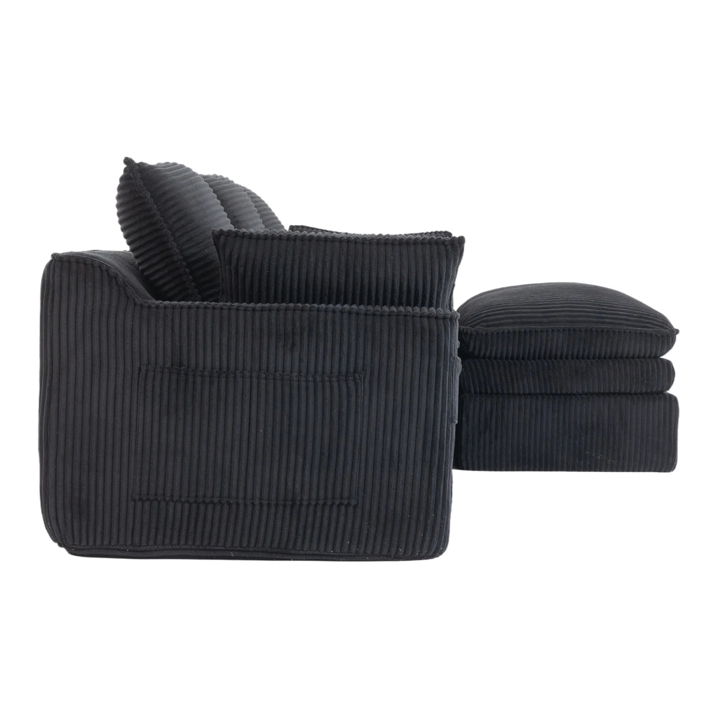 Divano modulare 3 posti in corduroy nero con pouf, tasche laterali e struttura a molle