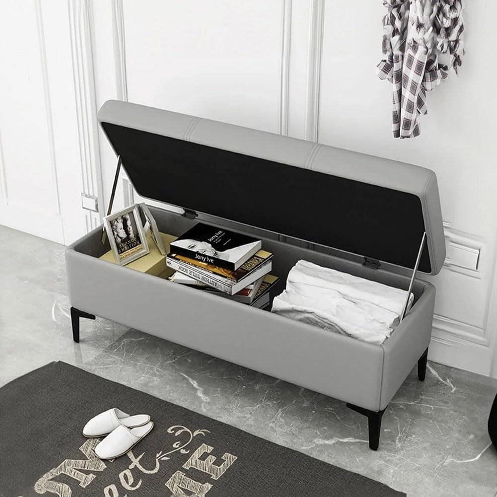Cassapanca Contenitore Ecopelle Panca Pouf con Piedini in Metallo Grigio Chiaro