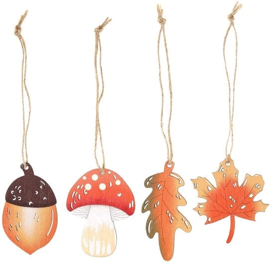 Decorazioni per l'Autunno 24 pezzi - Ornamenti in Legno - Foglie di Quercia/Acero/Cappello di Funghi/Foglie di Albero - Leggero e Indistruttibile - Incluso Bastone di Sostegno - Decorazione per l'Autunno