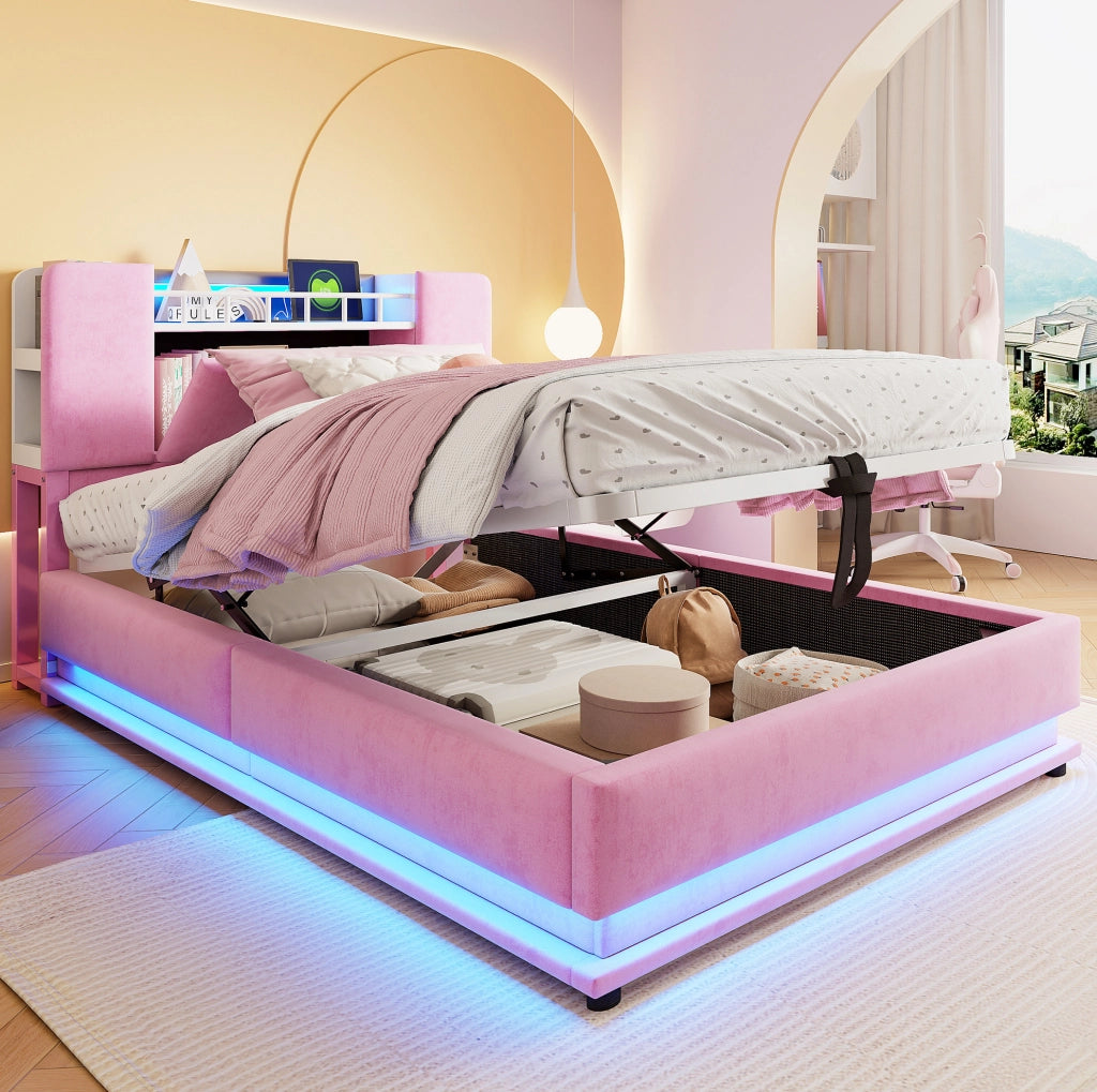 Letto singolo imbottito ULEVR 90x200 cm con contenitore idraulico, LED e USB, velluto rosa