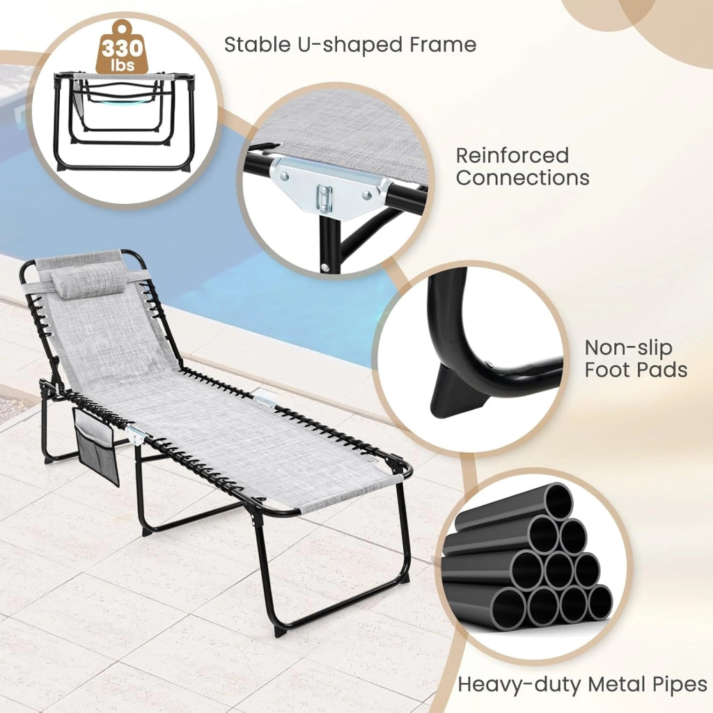 Lettino Prendisole da Giardino Pieghevole, Struttura in Acciaio, Sdraio Mare Regolabile in 4 Livelli con Poggiatesta, Tasca Laterale, Lettino da Spiaggia, Piscina, Portato 150 kg (1, Grigio)