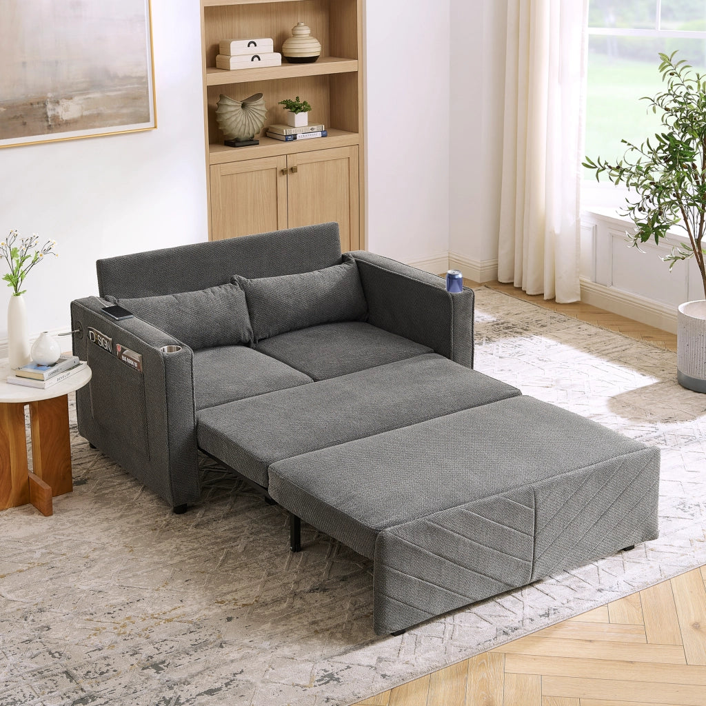 Divano letto 3 in 1 con sistema scorrevole e porte USB in legno e tessuto grigio scuro 195 × 134 × 73 cm