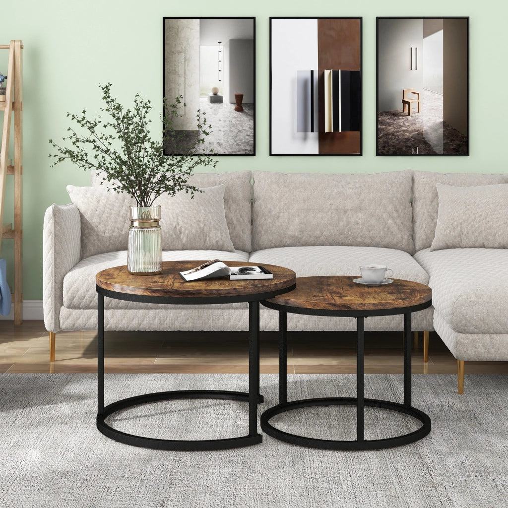 TAVOLINO DA SALOTTO Set 2 pezzi rotondo effetto legno marrone