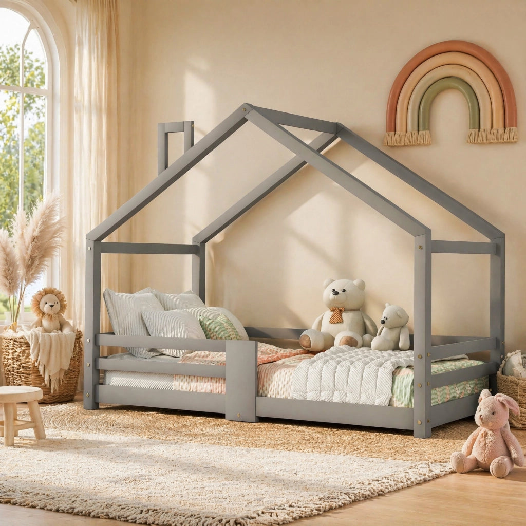 Letto per bambini a forma di casetta in legno di pino grigio 90 x 200 cm, senza materasso