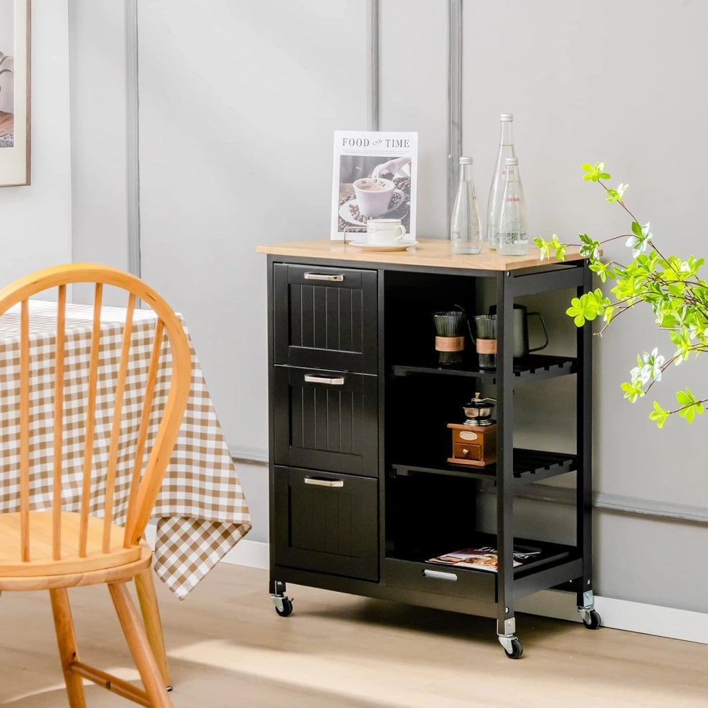 Carrello da Cucina con Ruote, Credenza Cucina con 4 Ripiani e 3 Cassetti, in Legno, Ideale per Cucina Ristorante e Bar, 67 x 37 x 83,5 cm (Nero)